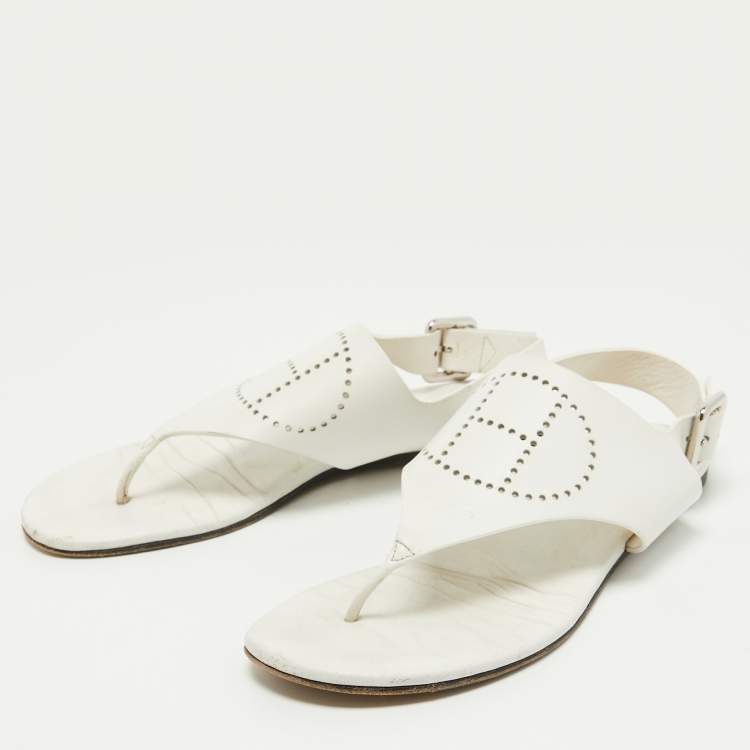 Pre Owned Hermes White Leather Kola Slingback Flat Slides Size 37.5