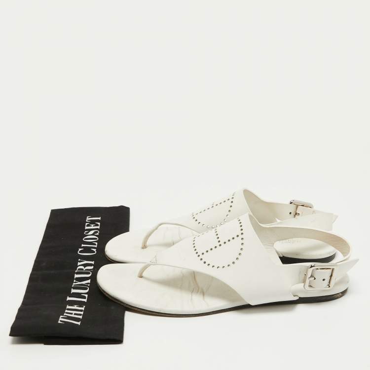 Pre Owned Hermes White Leather Kola Slingback Flat Slides Size 37.5