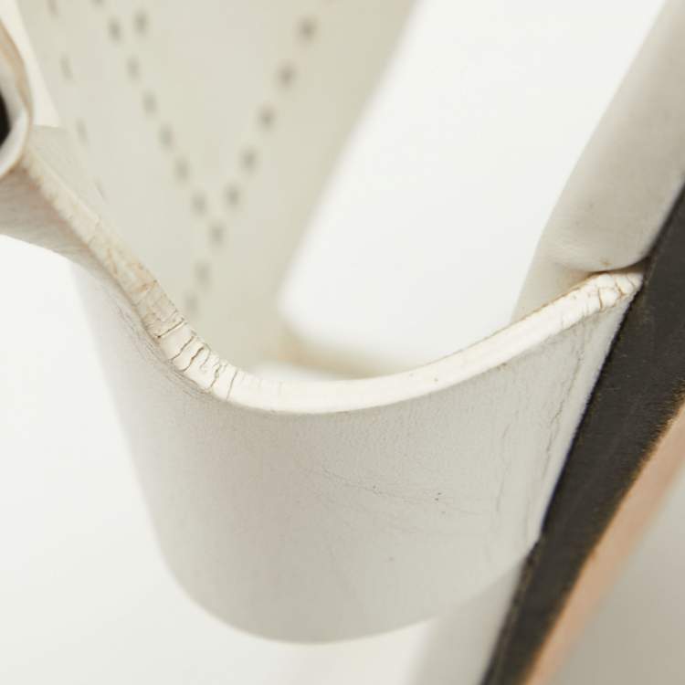 Pre Owned Hermes White Leather Kola Slingback Flat Slides Size 37.5