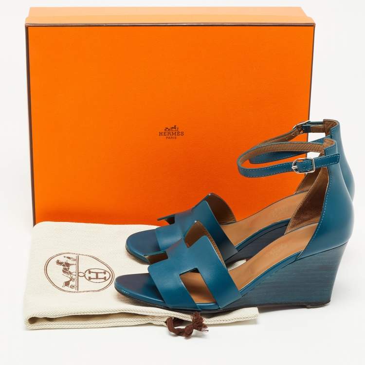 Pre Owned Hermes Teal Leather Legend Ankle Strap Sandals Size 36