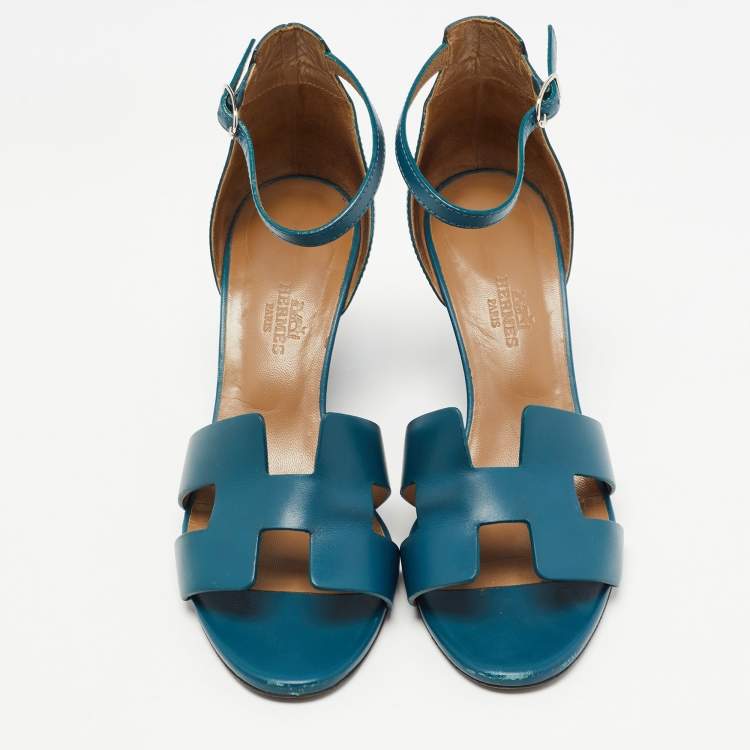 Pre Owned Hermes Teal Leather Legend Ankle Strap Sandals Size 36