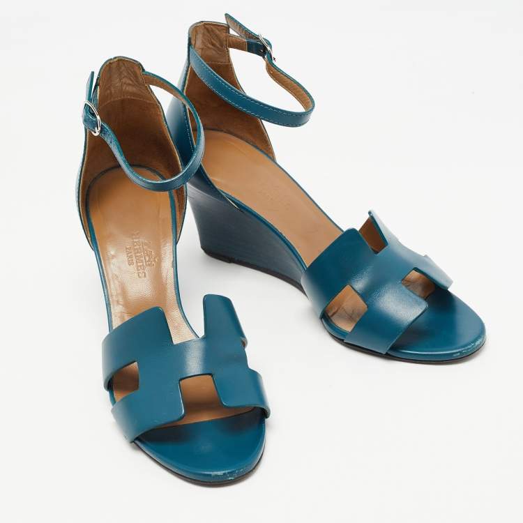 Pre Owned Hermes Teal Leather Legend Ankle Strap Sandals Size 36