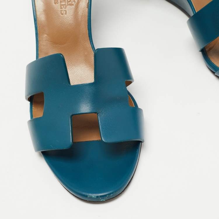 Pre Owned Hermes Teal Leather Legend Ankle Strap Sandals Size 36