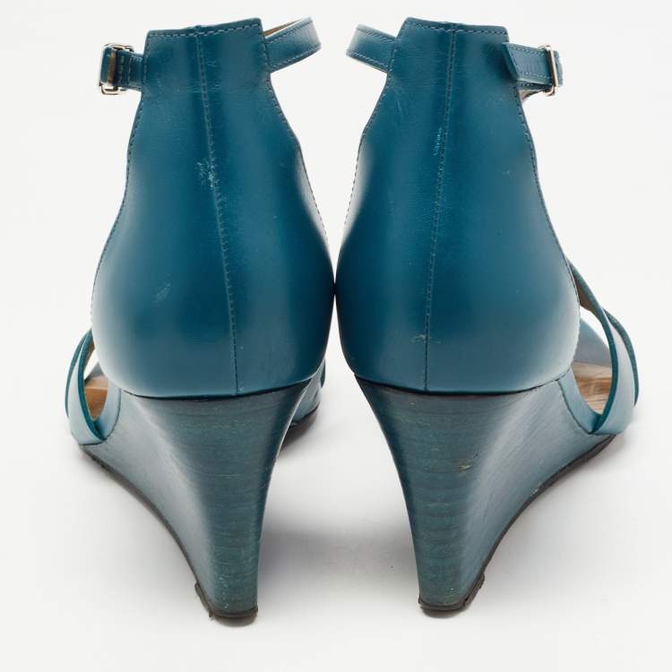 Pre Owned Hermes Teal Leather Legend Ankle Strap Sandals Size 36