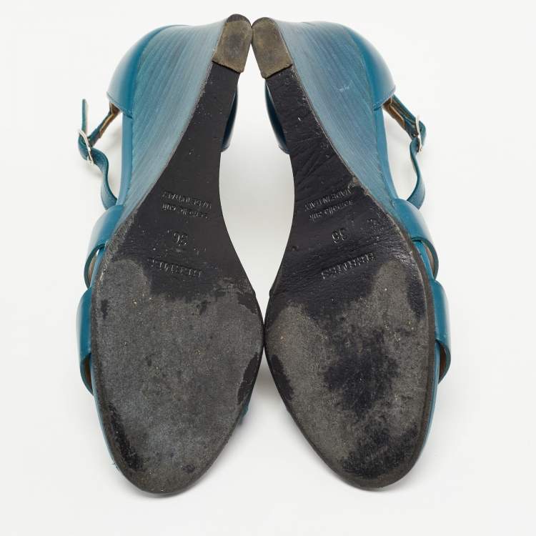 Pre Owned Hermes Teal Leather Legend Ankle Strap Sandals Size 36