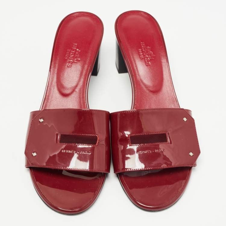 Pre Owned Hermes Burgundy Patent Leather View Slide Sandals Size 38.5