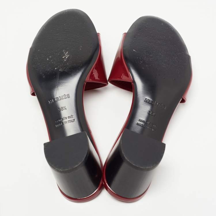 Pre Owned Hermes Burgundy Patent Leather View Slide Sandals Size 38.5