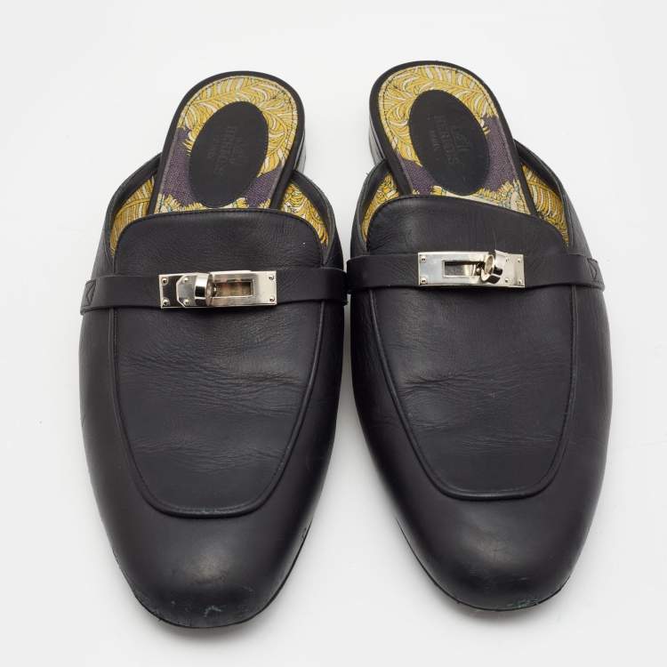 Pre Owned Hermes Black Leather Oz Flat Mules Size 41