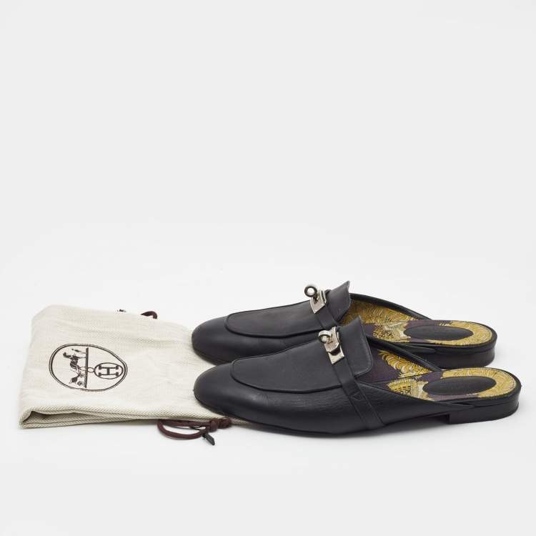 Pre Owned Hermes Black Leather Oz Flat Mules Size 41