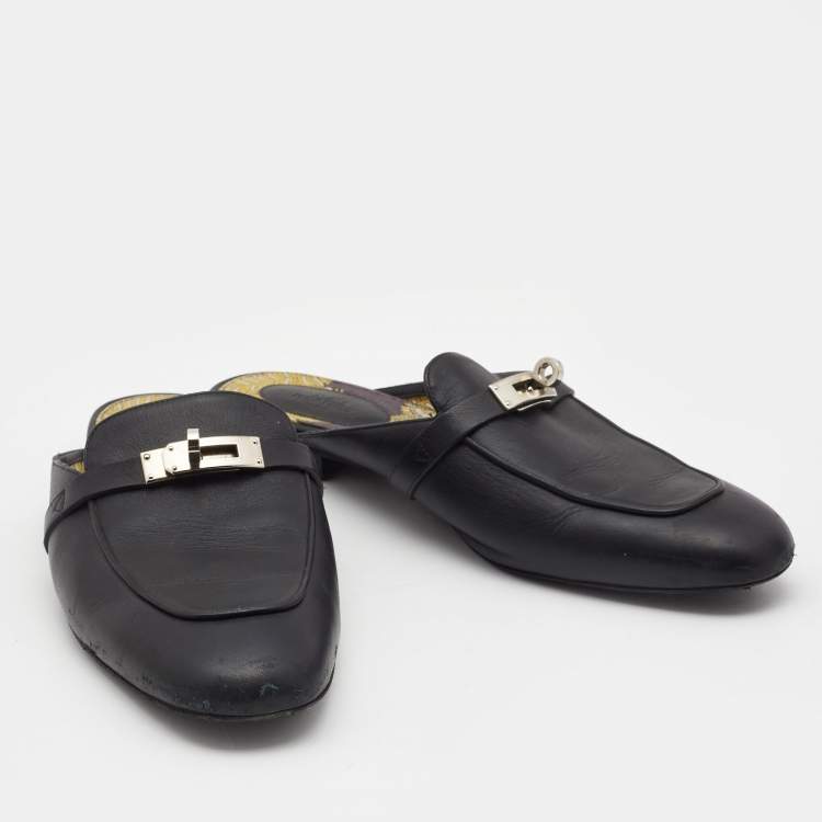 Pre Owned Hermes Black Leather Oz Flat Mules Size 41