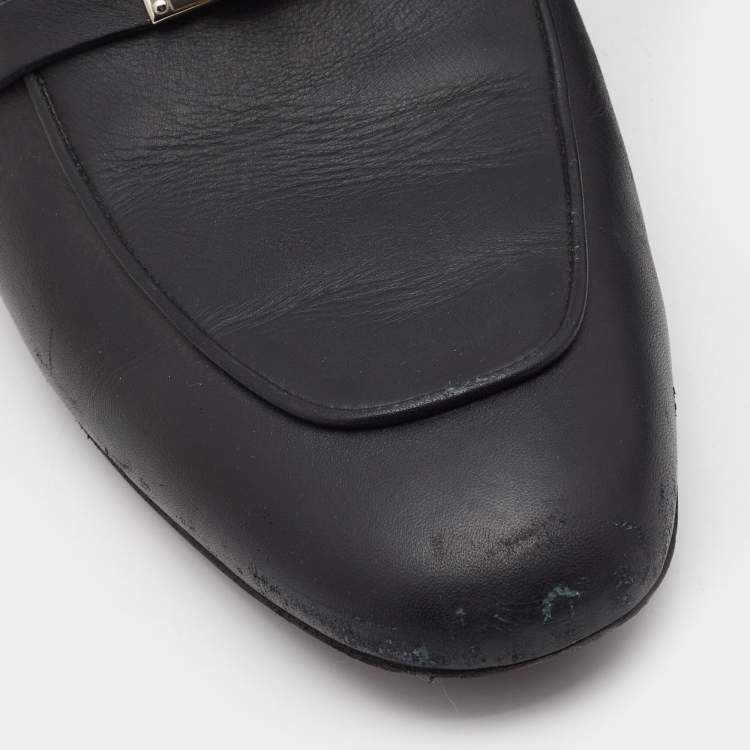 Pre Owned Hermes Black Leather Oz Flat Mules Size 41