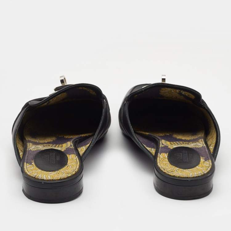 Pre Owned Hermes Black Leather Oz Flat Mules Size 41