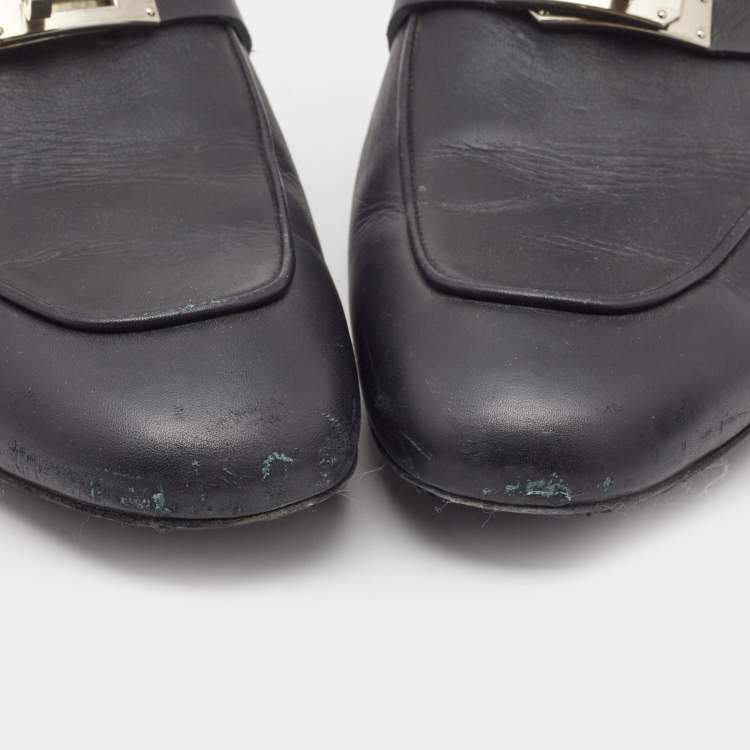 Pre Owned Hermes Black Leather Oz Flat Mules Size 41