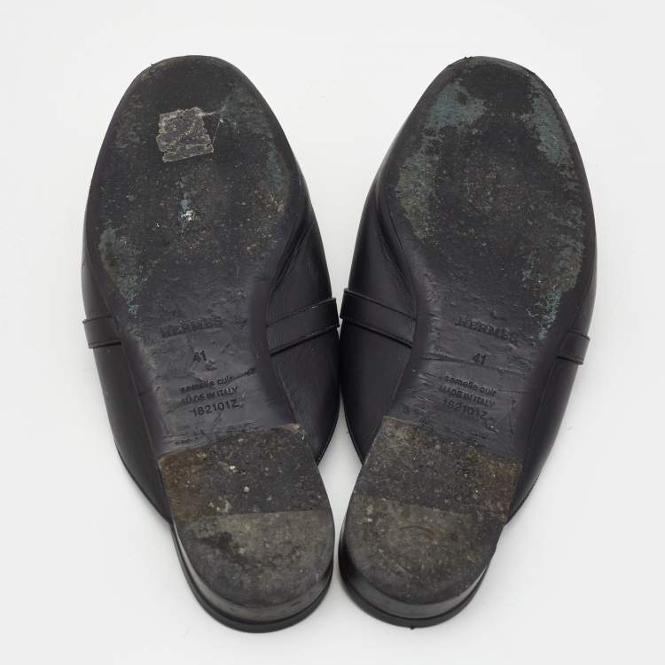 Pre Owned Hermes Black Leather Oz Flat Mules Size 41