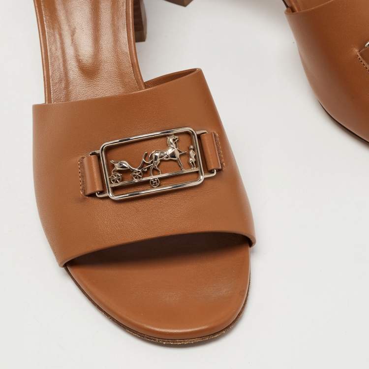 Pre Owned Hermes Tan Leather Viaggio Ankle Strap Sandals Size 41