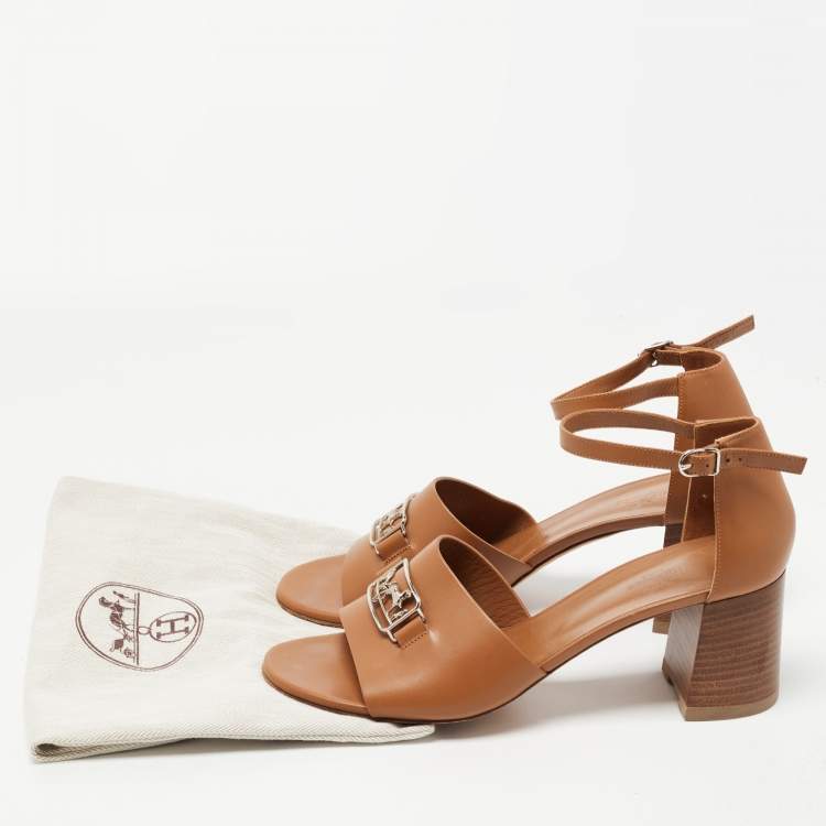 Pre Owned Hermes Tan Leather Viaggio Ankle Strap Sandals Size 41