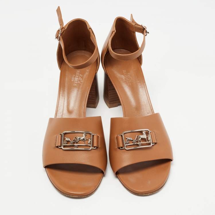 Pre Owned Hermes Tan Leather Viaggio Ankle Strap Sandals Size 41