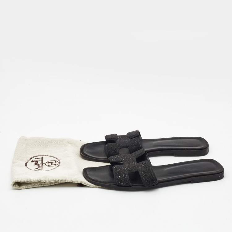 مملوكة مسبقًا Hermes Black Suede And Glitter Oran Flat Sandals Size 41 