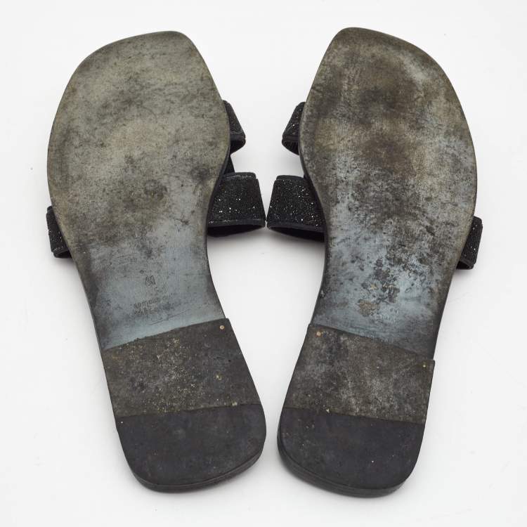 مملوكة مسبقًا Hermes Black Suede And Glitter Oran Flat Sandals Size 41 