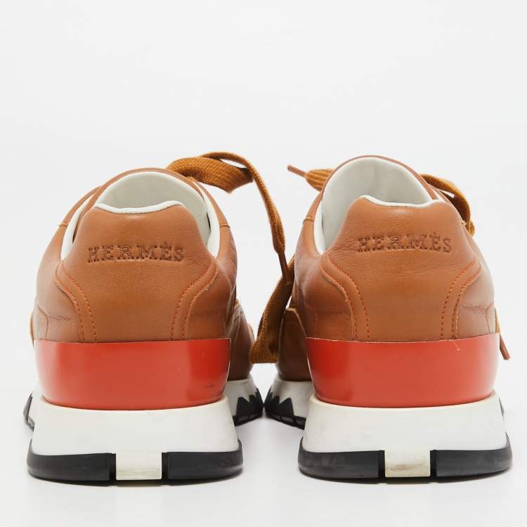 Pre Owned Hermes Brown Leather Quicker Lace Up Sneakers Size 38