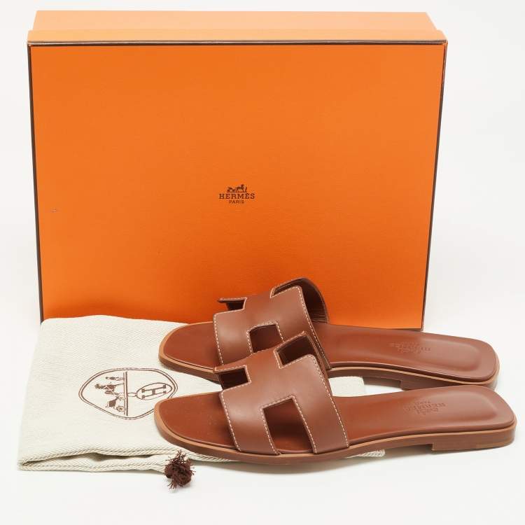 Pre Owned Hermes Brown Leather Oran Flat Slides Size 37