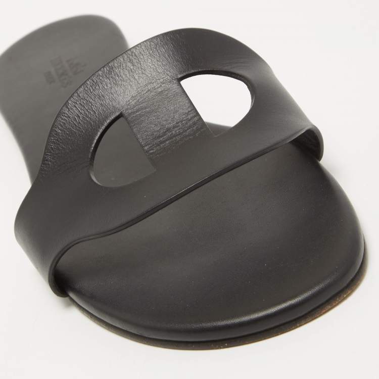 Pre Owned Hermes Black Leather Lisboa Flat Slides Size 38