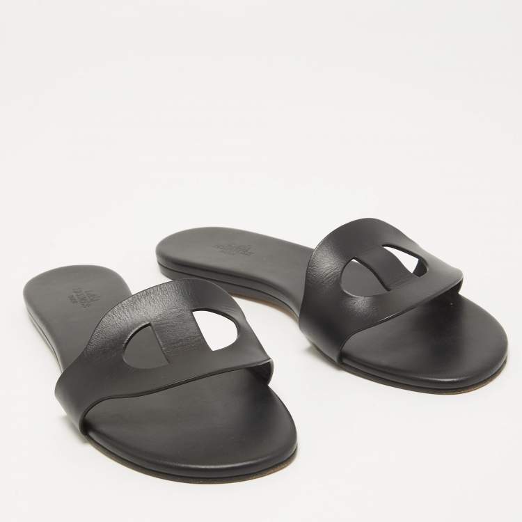 Pre Owned Hermes Black Leather Lisboa Flat Slides Size 38