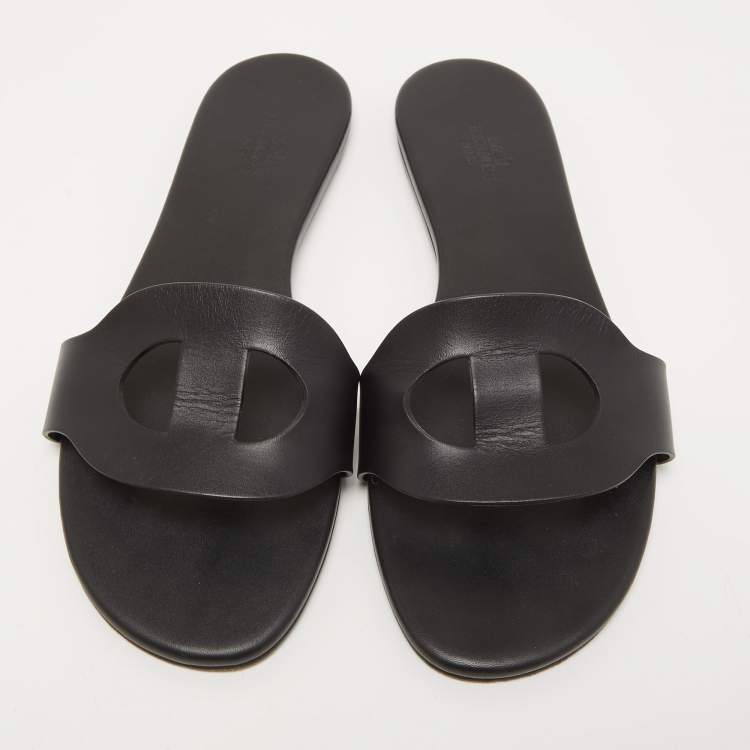 Pre Owned Hermes Black Leather Lisboa Flat Slides Size 38