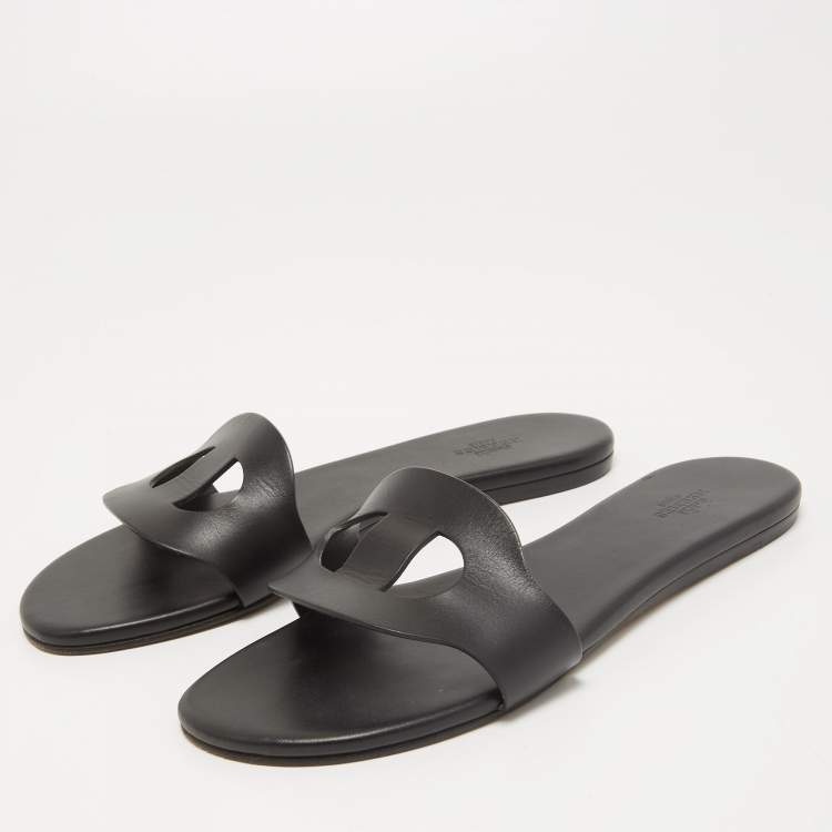 Pre Owned Hermes Black Leather Lisboa Flat Slides Size 38
