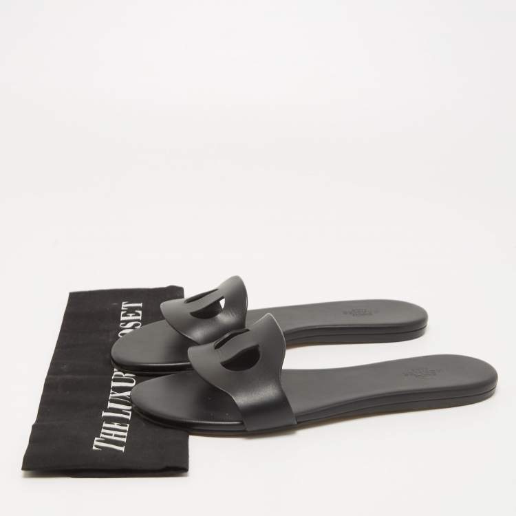 Pre Owned Hermes Black Leather Lisboa Flat Slides Size 38