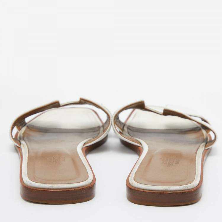 Pre Owned Hermes White Leather Oran Slide Sandals Size 39