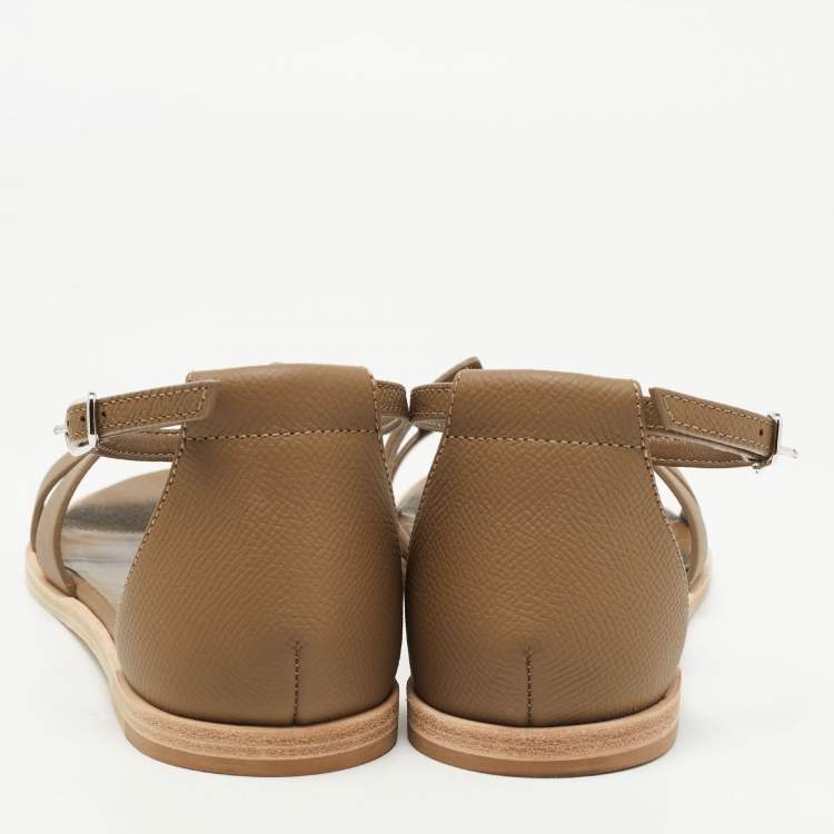 Pre Owned Hermes Olive Green Leather Santorini Ankle Strap Sandals Size 38