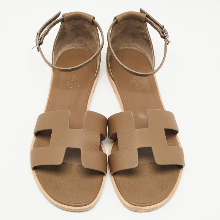 Pre Owned Hermes Olive Green Leather Santorini Ankle Strap Sandals Size 38
