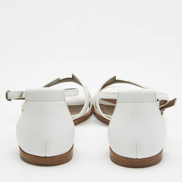 Pre Owned  Hermès  White Leather Santorini Flat Sandals Size 37
