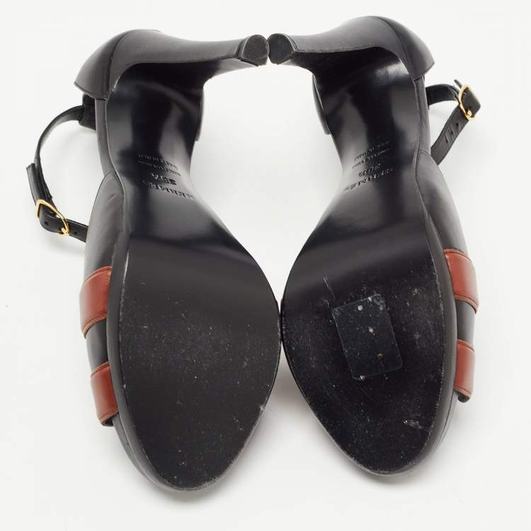 Pre Owned Hermes Black/Brown Leather Initiale Ankle Strap Sandals Size 36.5