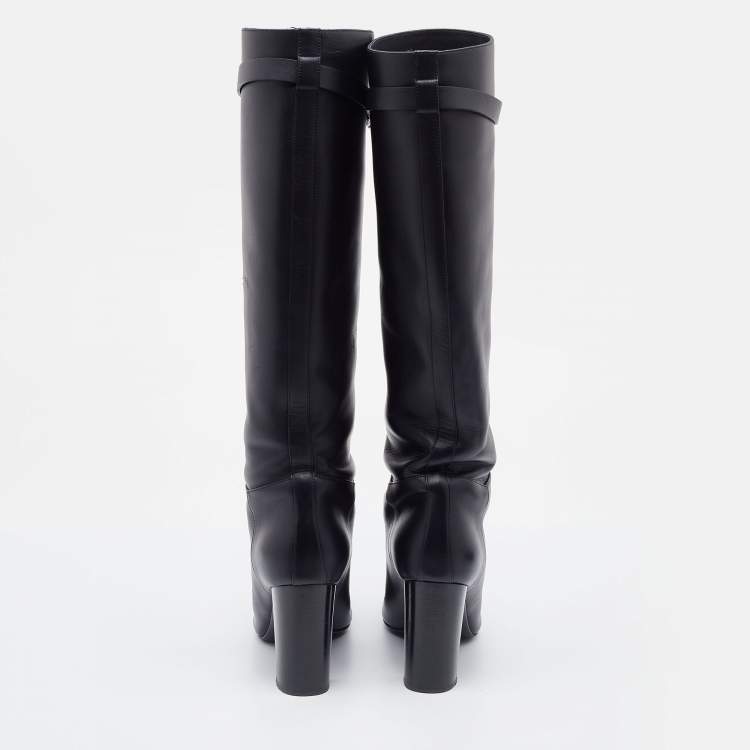 Pre Owned Hermes Black Leather Story Knee Length Boots Size 37.5
