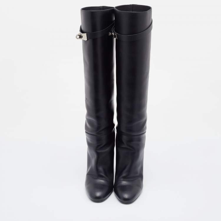 Pre Owned Hermes Black Leather Story Knee Length Boots Size 37.5