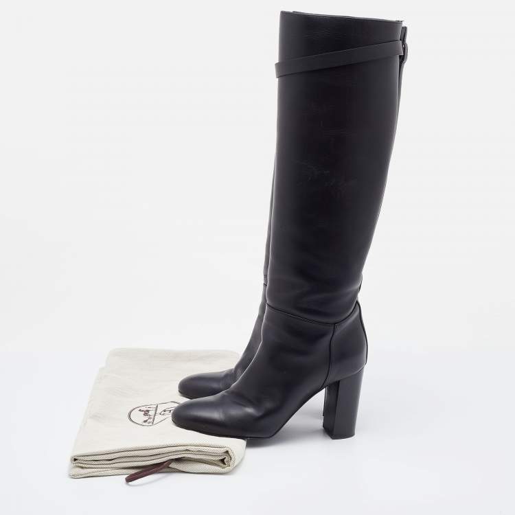 Pre Owned Hermes Black Leather Story Knee Length Boots Size 37.5
