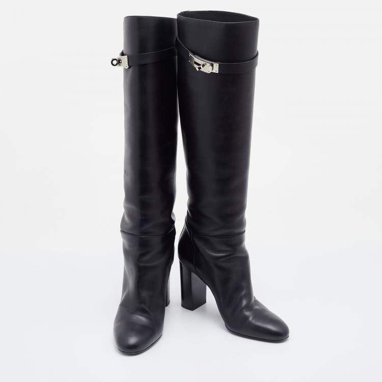 Pre Owned Hermes Black Leather Story Knee Length Boots Size 37.5