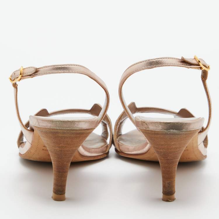 Pre Owned Hermes Metallic Bronze Leather Night Slingback Sandals Size 36.5