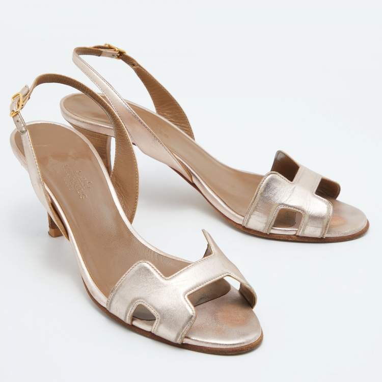 Pre Owned Hermes Metallic Bronze Leather Night Slingback Sandals Size 36.5