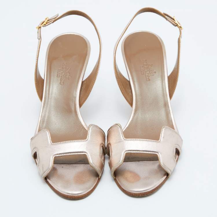 Pre Owned Hermes Metallic Bronze Leather Night Slingback Sandals Size 36.5