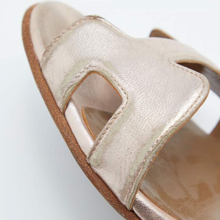 Pre Owned Hermes Metallic Bronze Leather Night Slingback Sandals Size 36.5