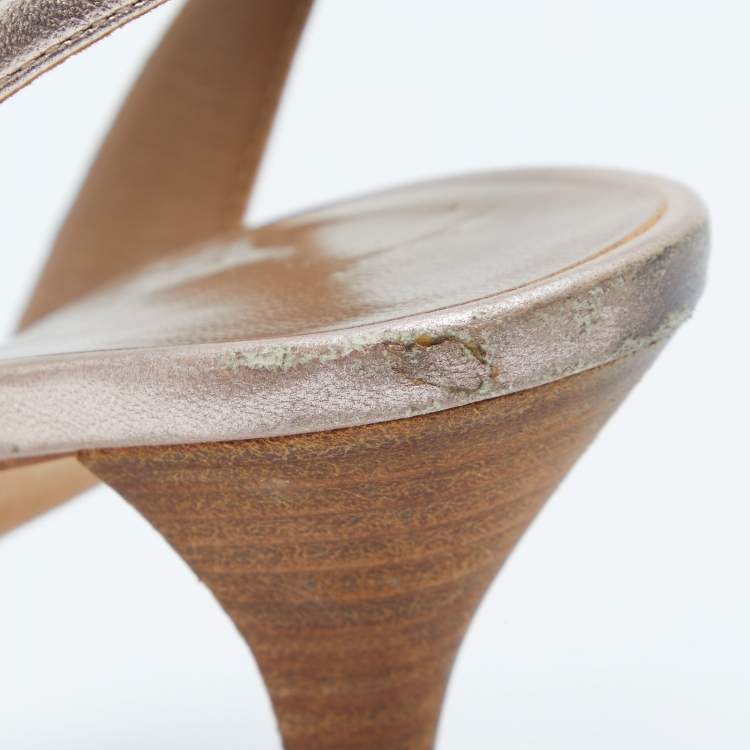 Pre Owned Hermes Metallic Bronze Leather Night Slingback Sandals Size 36.5