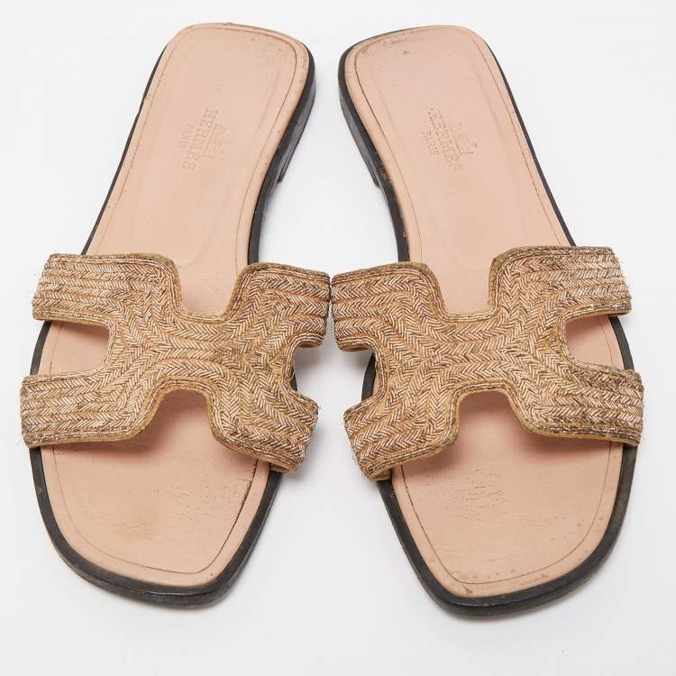 Pre Owned Hermes Metallic Gold Twisted Metal Thread Oran Slide Flats Size 36