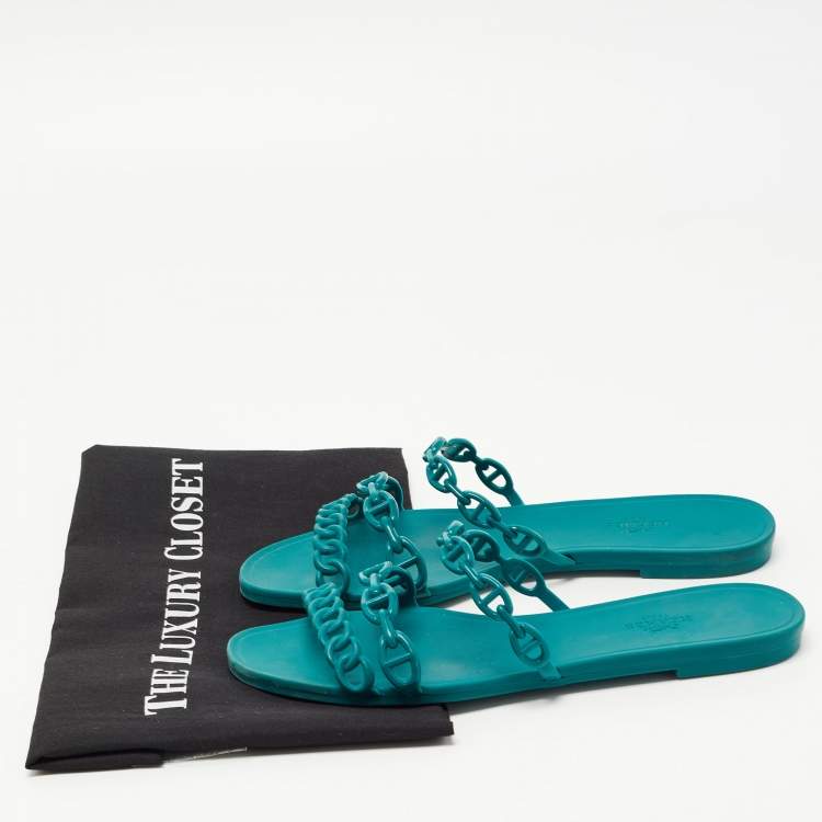 Pre Owned Hermes Green Rubber Chaine d'Ancre Rivage Flat Slides Size 39 