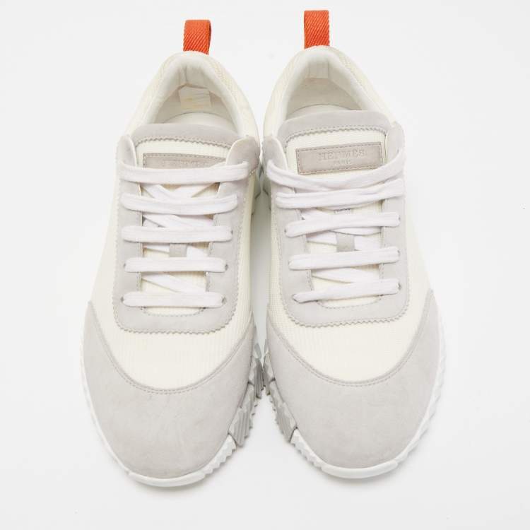 Pre Owned Hermes White/Grey Suede and Mesh Bouncing Sneakers Size 39