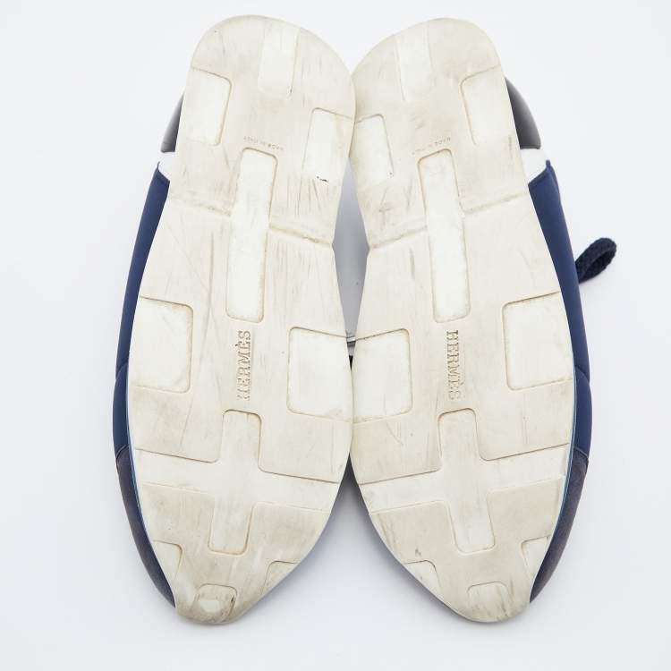 Pre Owned Hermes Blue/White Nylon,Suede and Leather Buster Sneakers Size 37.5
