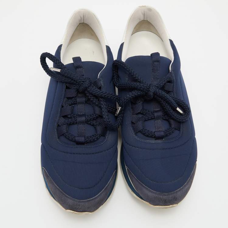 Pre Owned Hermes Blue/White Nylon,Suede and Leather Buster Sneakers Size 37.5