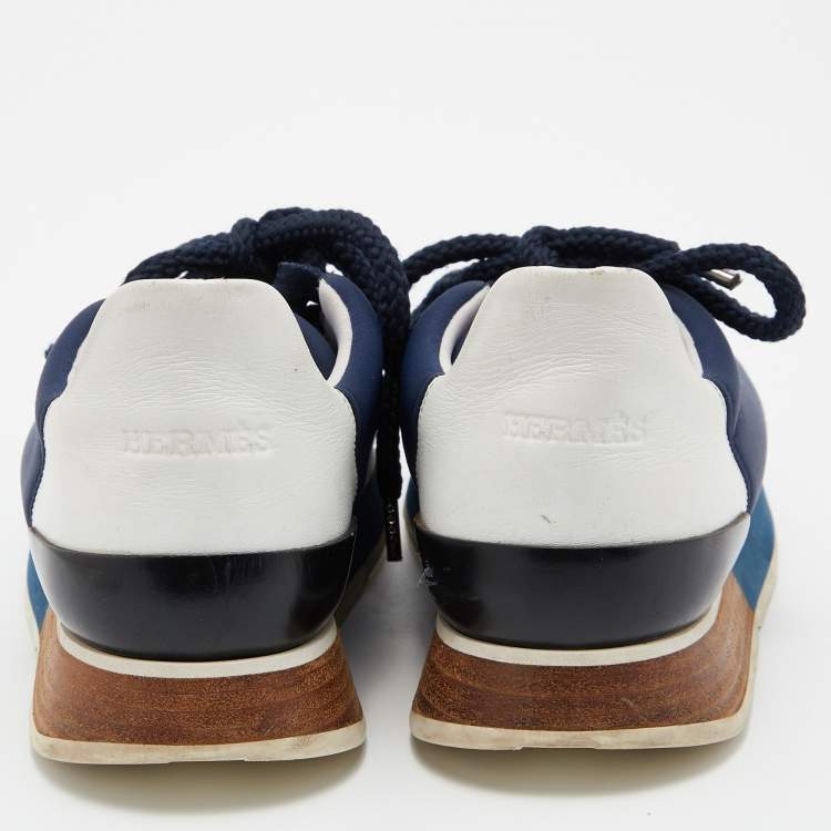 Pre Owned Hermes Blue/White Nylon,Suede and Leather Buster Sneakers Size 37.5